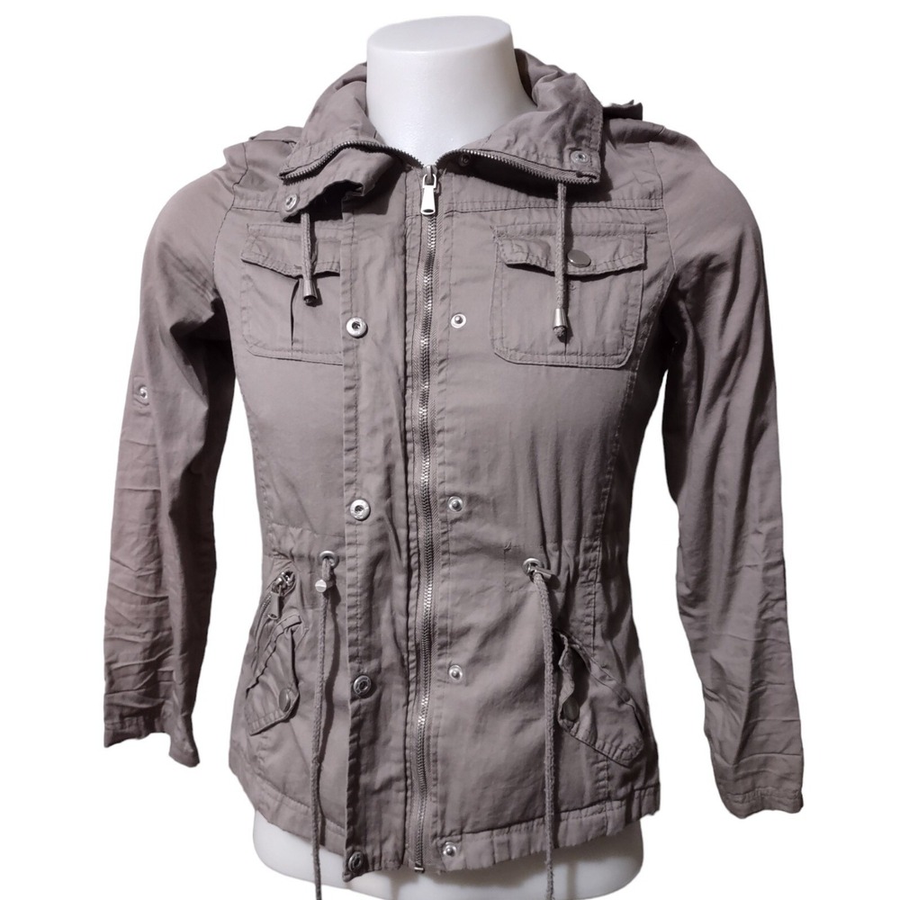 YMI Jacket Women's Small Zip Off Hood Pockets Full Zip Snap Covered Jersey Lined